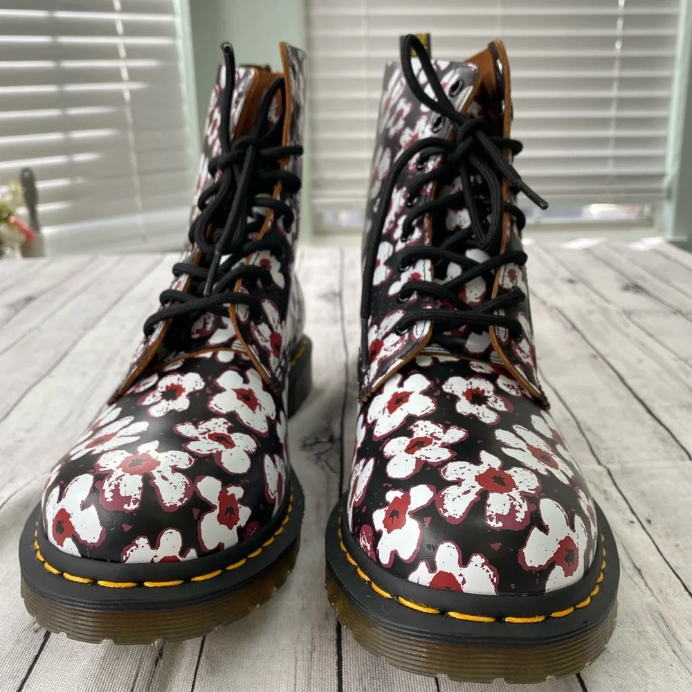 Dr. Martens Black Floral Patent Lace-Up Ankle Boots